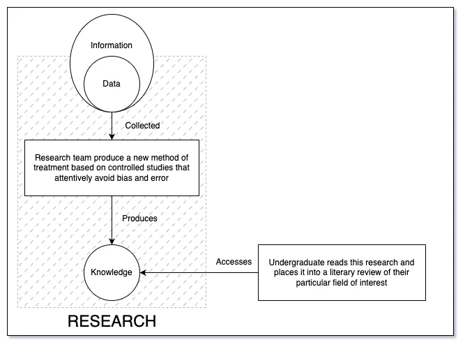 A flow chart showing the research object as a process of knowledge production, and the accessing of knowledge as information